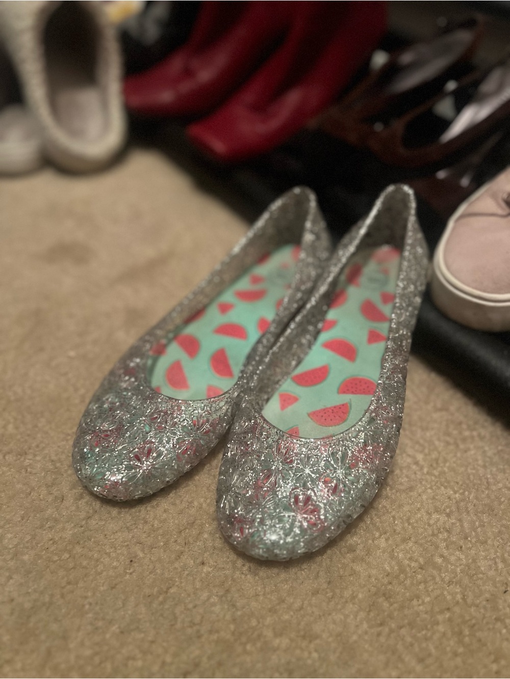 Floral Cut Out Glitter Jelly Ballet Flats with Watermelon Print Insole Sz 6